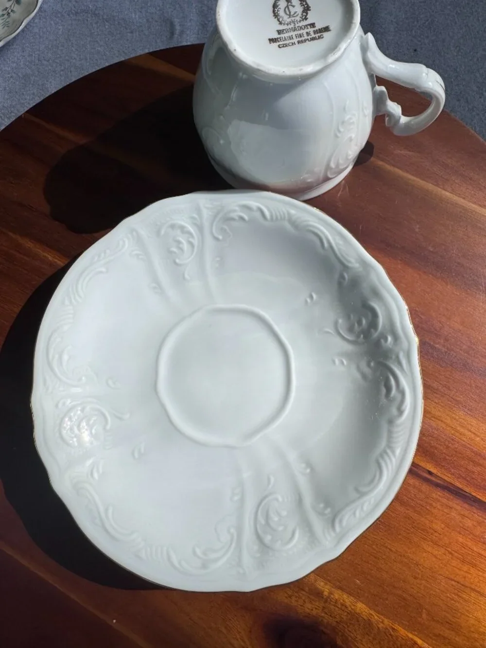 Vintage Bernadotte Czech Republic White Porcelain Teacup Saucer Set, Gold Rim
